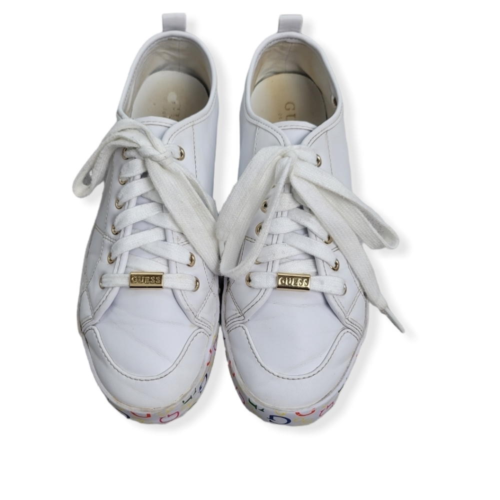 GUESS Women's White Leather Sneakers‎ with Goldtone Emblem